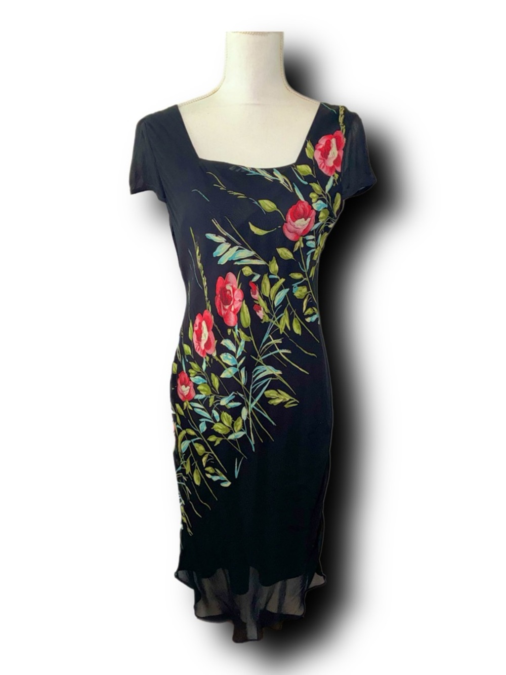 Vintage 90s Y2K Romantic Black Whimsigoth Floral Sheath Dress by American Angel